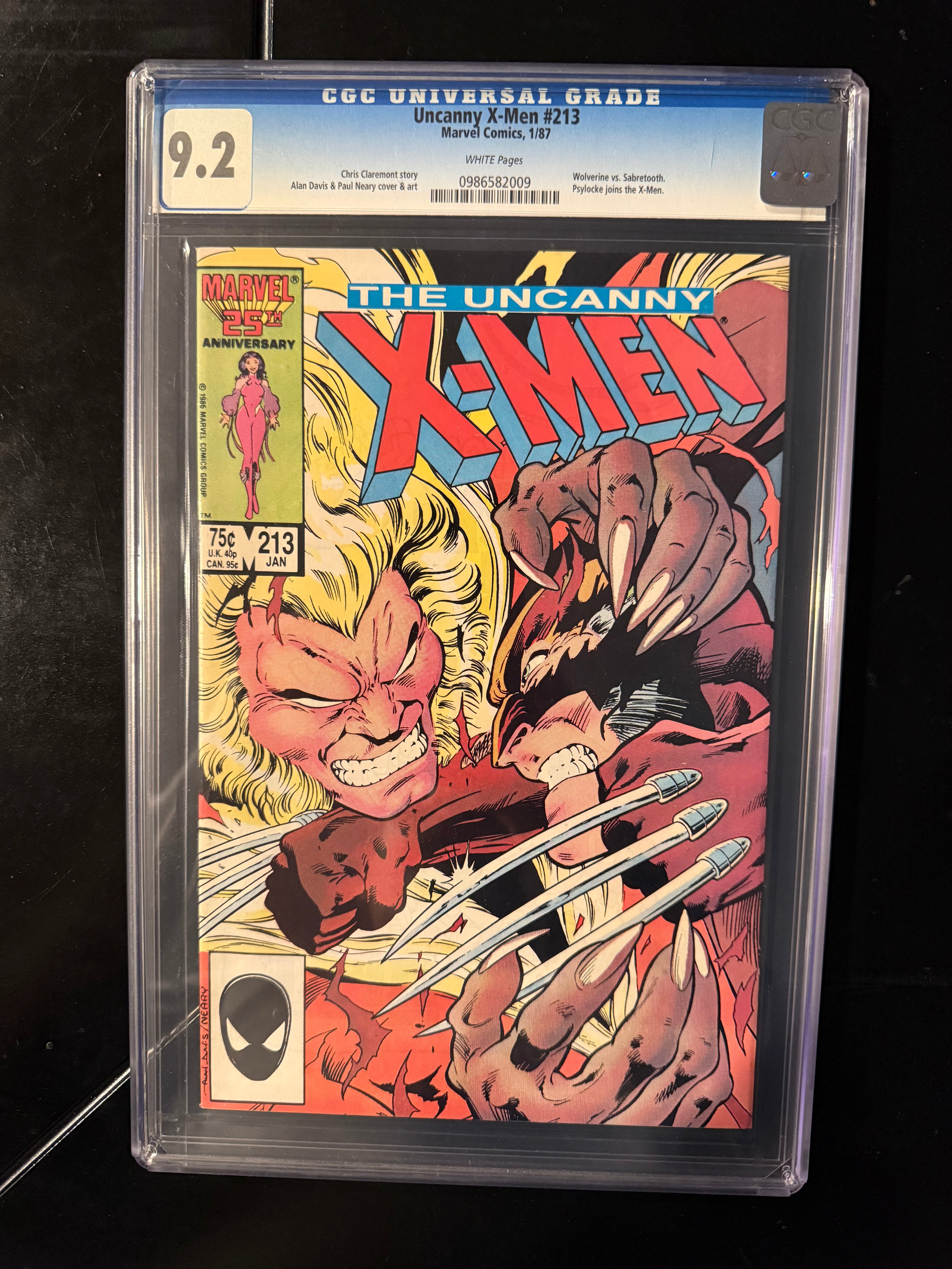 Uncanny X-Men #213 (Marvel, Jan 1987) — CGC 9.2 Universal (White Pages) — Wolverine vs Sabretooth — Psylocke Joins