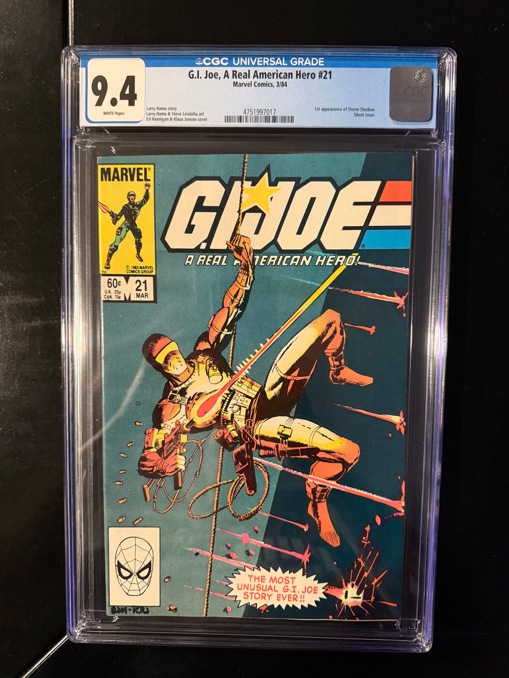 G.I. Joe: A Real American Hero #21 CGC 9.4 White Pages | 1st Storm Shadow | Silent Issue | Marvel (1984)