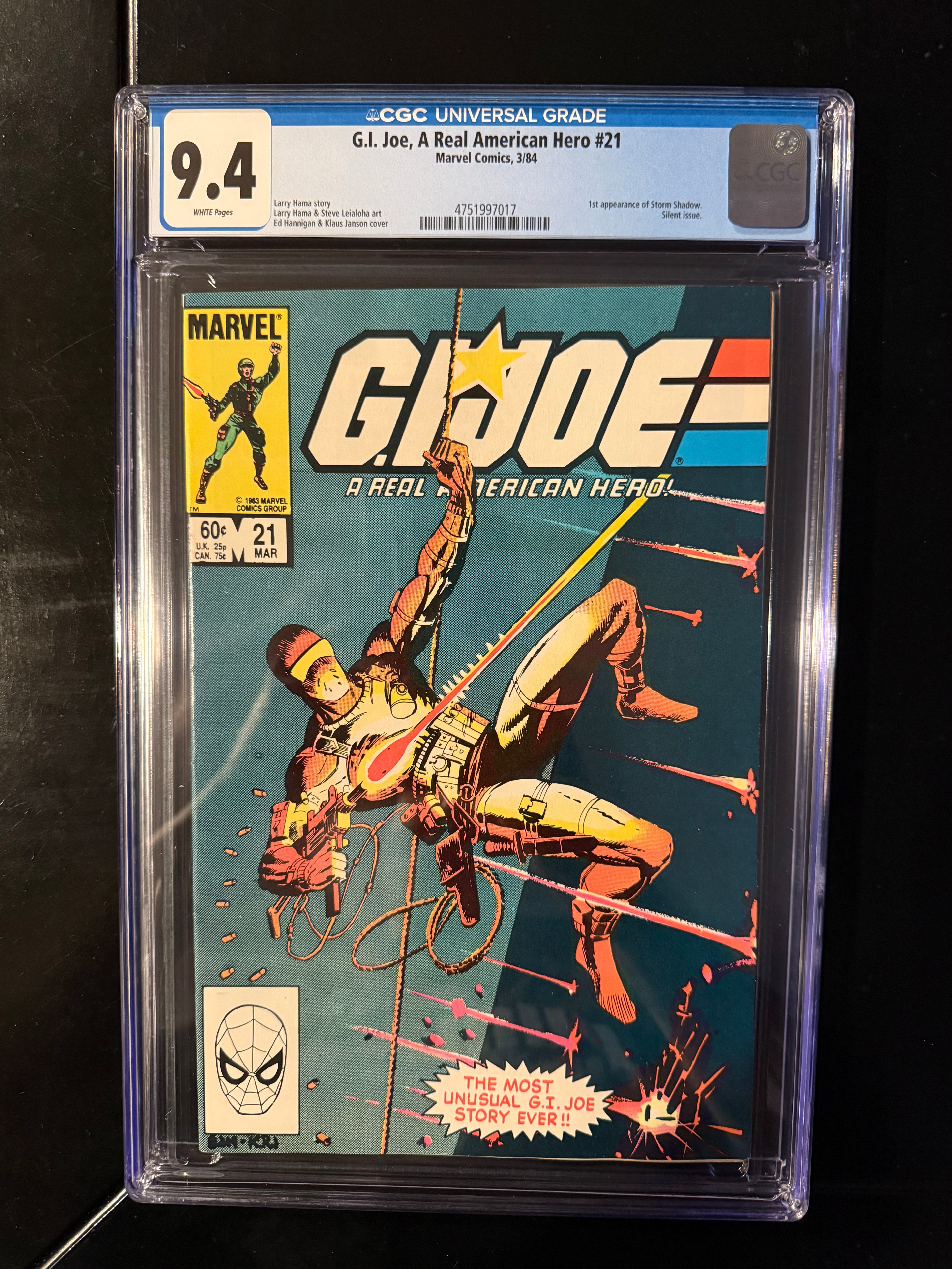 G.I. Joe: A Real American Hero #21 CGC 9.4 White Pages | 1st Storm Shadow | Silent Issue | Marvel (1984)