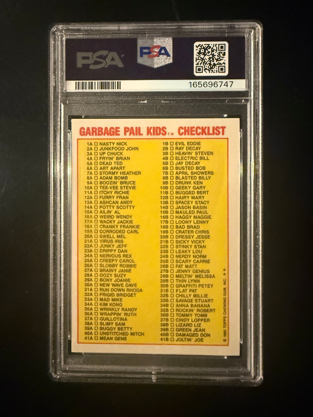 1985 Garbage Pail Kids Adam Bomb #8a PSA 8 Checklist Back Original Series 1