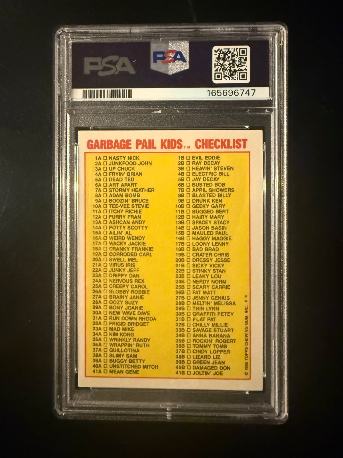 1985 Garbage Pail Kids Adam Bomb #8a PSA 8 Checklist Back Original Series 1